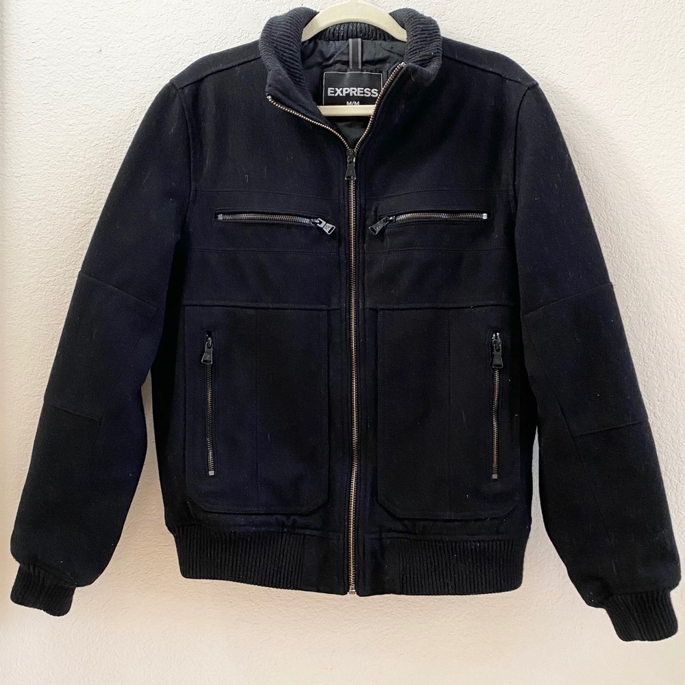 EXPRESS Mens Bomber Jacket‎ Black Wool Blend Zip Front Pockets M Medium